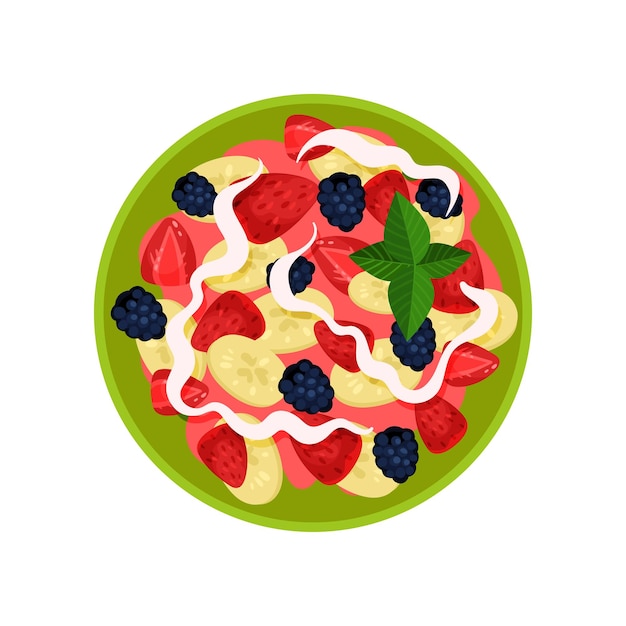 Vector deliciosa ensalada hecha de plátano, fresa, mora y yogur en un tazón verde, vista superior, apetitoso plato de fruta, comida fresca y saludable, colorido diseño vectorial plano aislado en fondo blanco