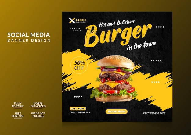 Deliciosa hamburguesa asiática y menú de comida plantilla de diseño de publicación en redes sociales