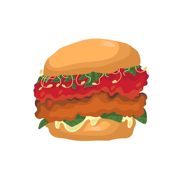 Deliciosa hamburguesa con carne tentadora hamburguesa mexicana estadounidense sándwich picante con microgreens comida rápida nutrición poco saludable ilustración de vector aislado plano sobre fondo blanco