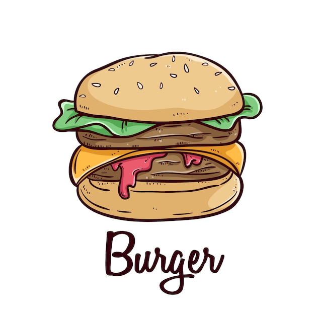 Deliciosa hamburguesa de comida rápida con texto y usando un estilo de doodle de colores sobre fondo blanco