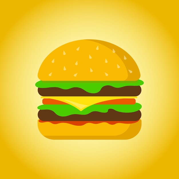 Deliciosa hamburguesa Icono de hamburguesa de diseño plano vectorial Color y deliciosa hamburguesa aislada sobre fondo degradado amarillo
