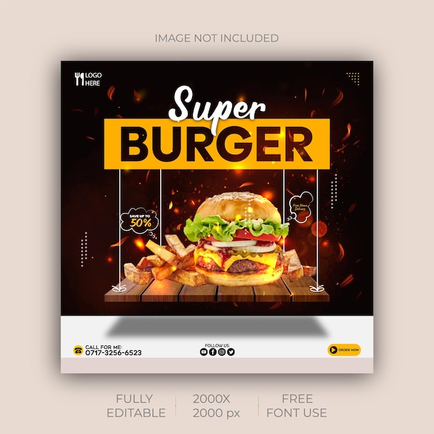 Deliciosa hamburguesa y menú de comida plantilla de banner de redes sociales