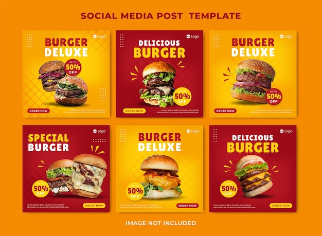 Deliciosa hamburguesa y menú de comida plantilla de banner de redes sociales