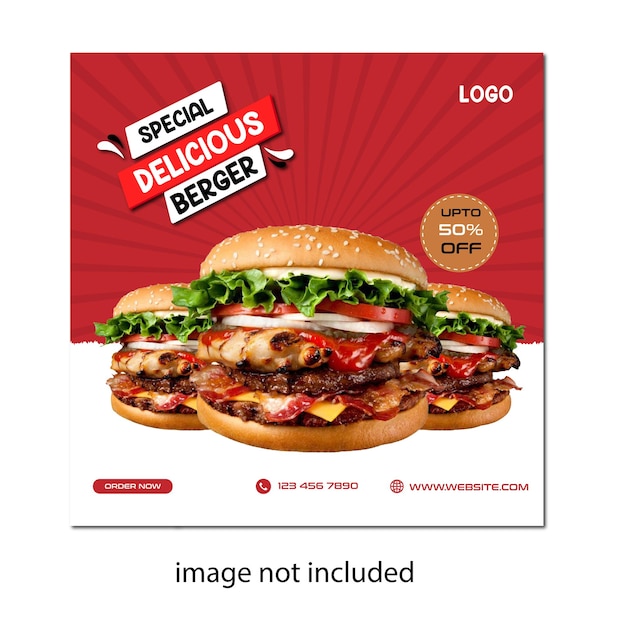 Deliciosa hamburguesa y menú de comida plantilla de banner de redes sociales