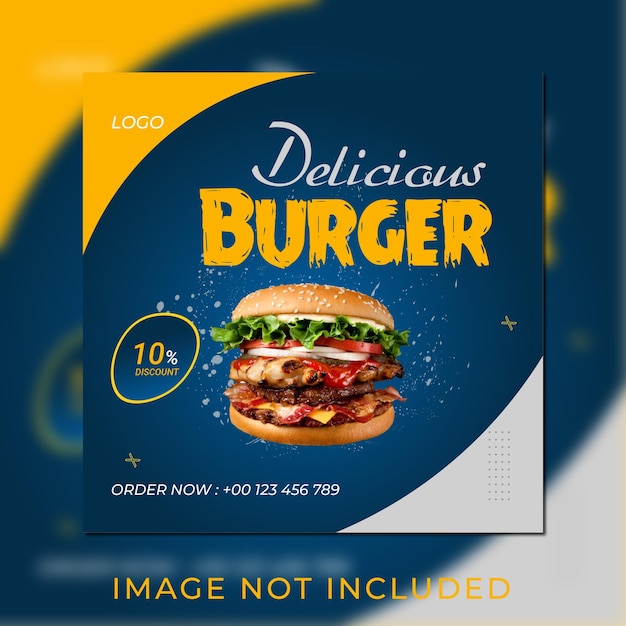 Deliciosa hamburguesa y menú de comida plantilla de banner de redes sociales