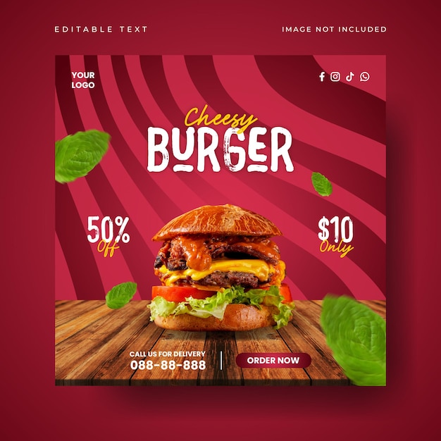 Deliciosa hamburguesa y menú de comida publicación en redes sociales