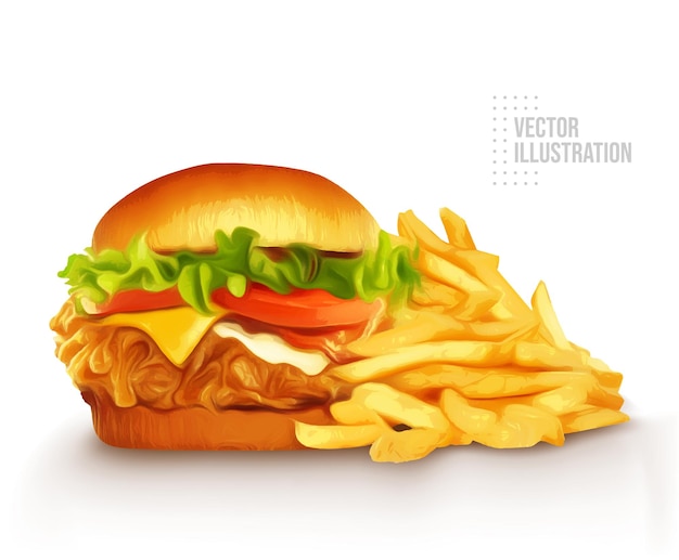 Vector deliciosa hamburguesa con papas fritas vector aislado