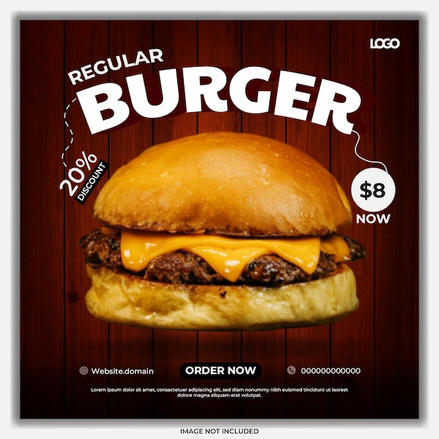 Vector deliciosa hamburguesa plantilla de diseño de post de redes sociales cuadrado con fondo de textura de madera