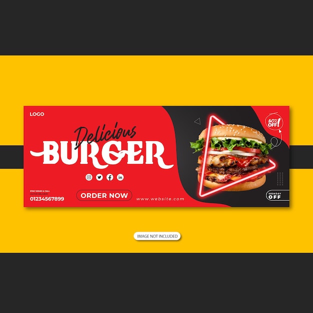 Vector deliciosa hamburguesa y plantilla de portada de redes sociales con efecto neón