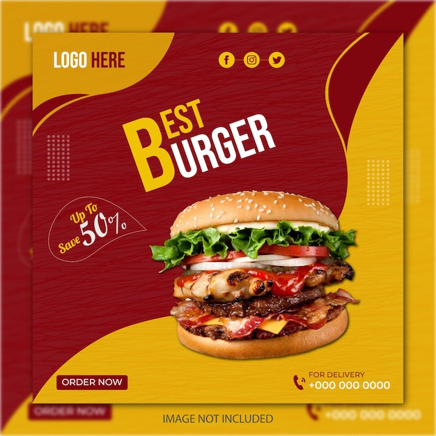 Deliciosa hamburguesa promoción de comida en redes sociales y diseño de publicación de banner de instagram