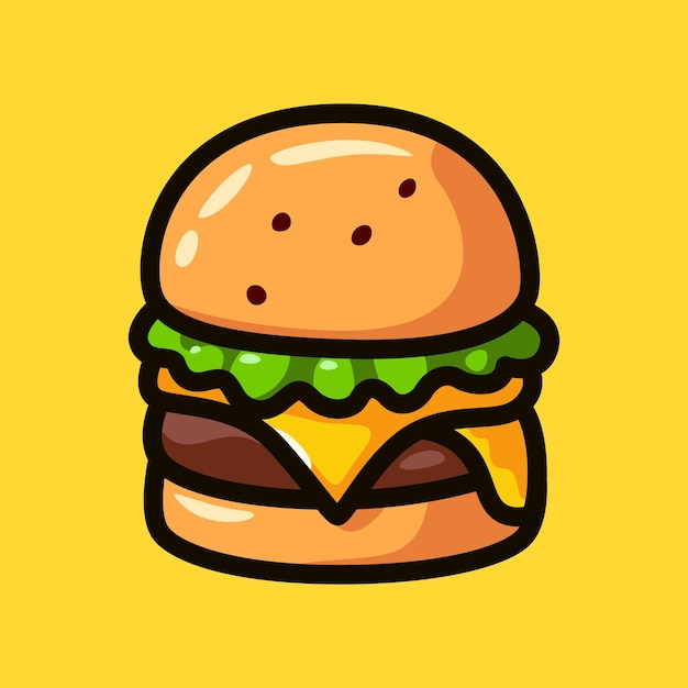 Deliciosa hamburguesa de queso de dibujos animados con lechuga y queso sobre fondo amarillo