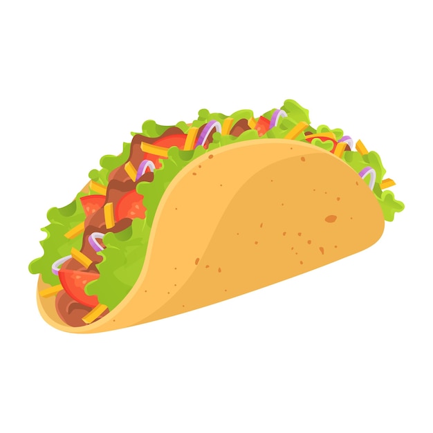 Deliciosa ilustración de dibujos animados de Taco mexicano aislada sobre fondo blanco Carne de res con tomate queso cebolla lechuga tortilla de maíz ingredientes Restaurante o elemento de menú de comida rápida