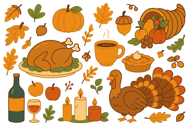 Deliciosa ilustración vectorial de Acción de Gracias con pastel de cornucopia de pavo hojas de otoño y temporada