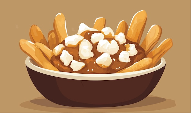 Deliciosa ilustración vectorial de un pequeño plato de poutine