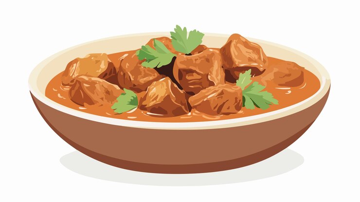 Vector deliciosa mantequilla india pollo carne de cordero curry ilustración vectorial de alimentos