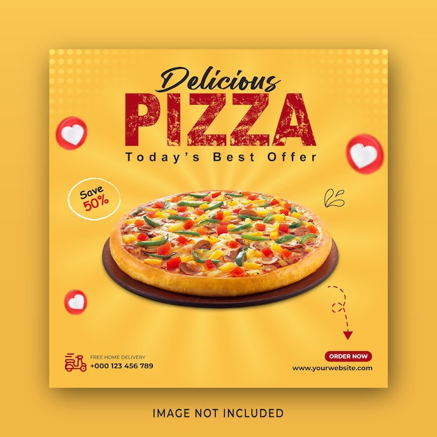 Deliciosa pizza y menú de comida plantilla de banner de redes sociales vector gratis