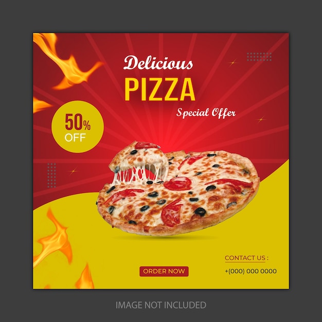 Deliciosa pizza y menú de comida plantilla de banner de redes sociales