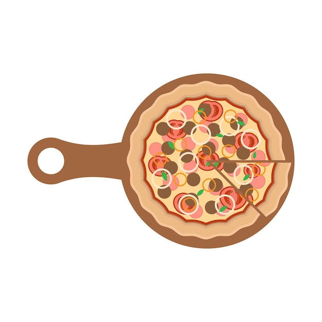 Vector deliciosa pizza pala de madera pizza y rebanada de pizza ilustración plana