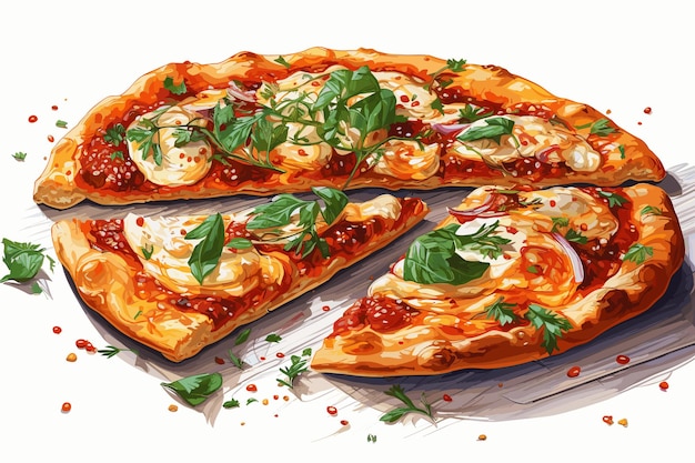 Vector deliciosa pizza servida en plato de madera aislado sobre fondo blanco.