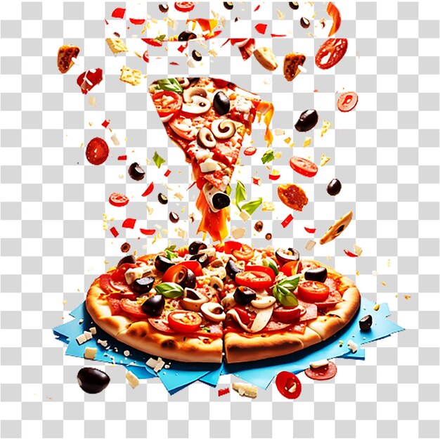 Vector deliciosa pizza con tomates, hojas, limón, aceitunas y pimientos, fondo transparente generado por ai