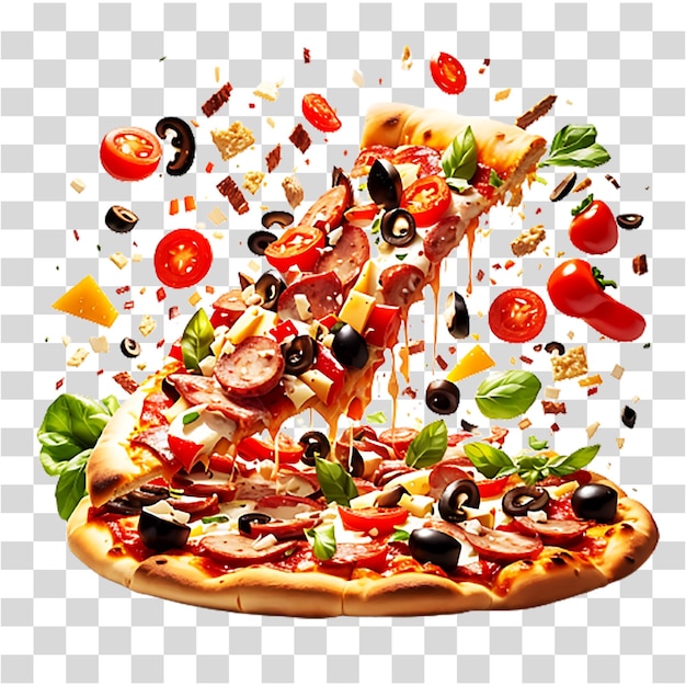 Vector deliciosa pizza con tomates, hojas, limón, aceitunas y pimientos, fondo transparente generado por ai