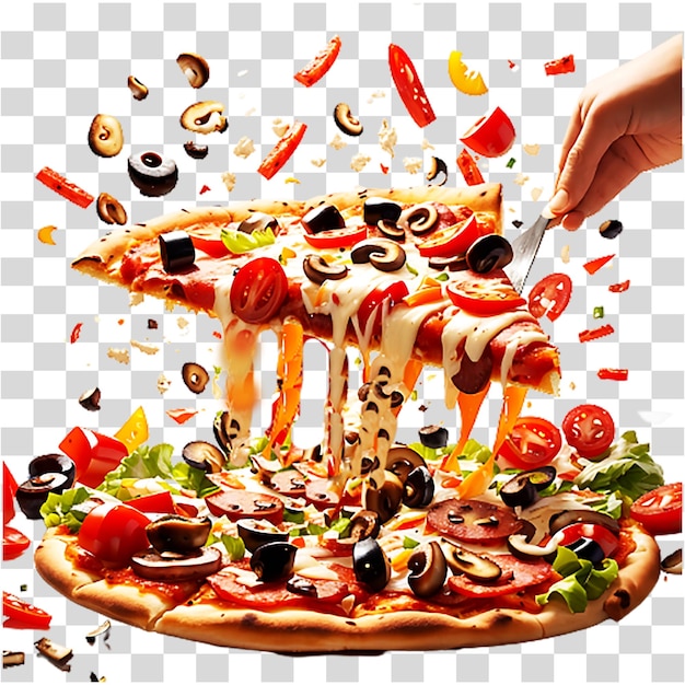 Vector deliciosa pizza con tomates, hojas, limón, aceitunas y pimientos, fondo transparente generado por ai