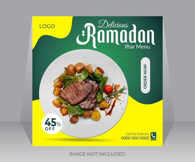 Deliciosa plantilla de diseño de publicación de redes sociales promocionales de Ramadán