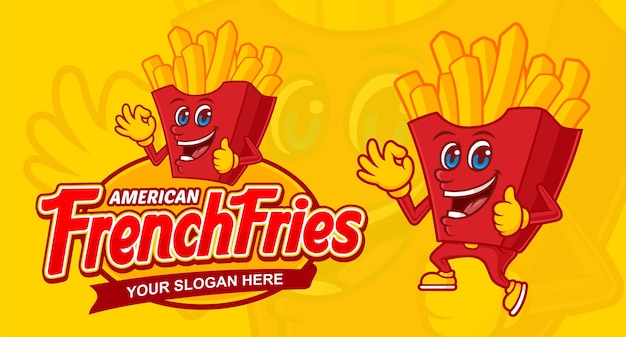 Vector deliciosa plantilla de logotipo de papas fritas americanas con texto y personaje de dibujos animados