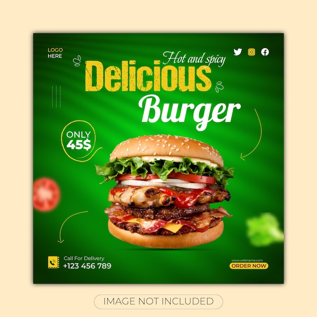 Deliciosa promoción de menú de comida de hamburguesas en redes sociales y plantilla de diseño de publicación de instagram