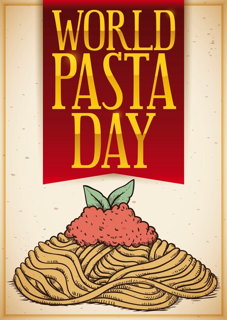 Vector deliciosa receta casera de espaguetis dibujada a mano y cinta de saludo para el día mundial de la pasta