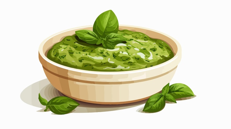 Vector deliciosa salsa de pesto con hojas de albahaca frescas en un cuenco