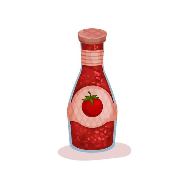 Deliciosa salsa de tomate en botella de vidrio con etiqueta Sabroso condimento para platos Diseño vectorial plano para afiche promocional o volante