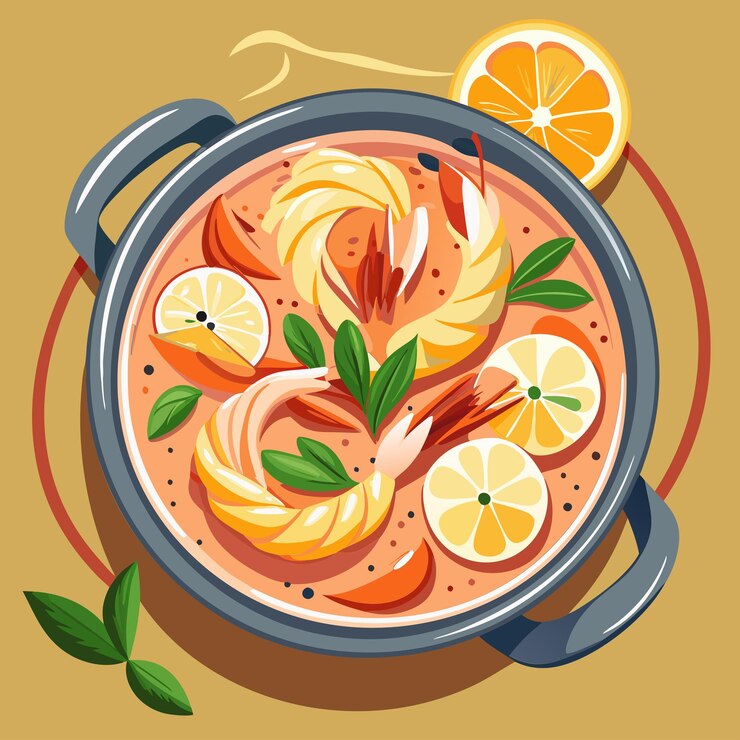 Vector deliciosa sopa de camarón en una olla