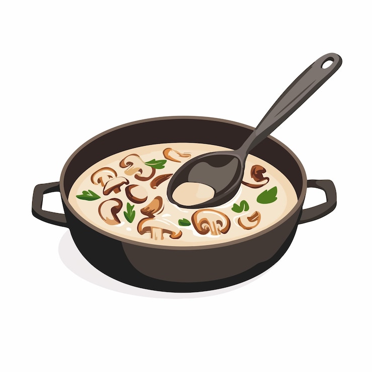 Vector deliciosa sopa de setas en una sartén grande con ilustración vectorial de cuchara