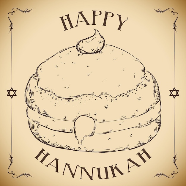 Vector deliciosa sufgania en estilo dibujado a mano con feliz mensaje de hanukkah en un cartel retro