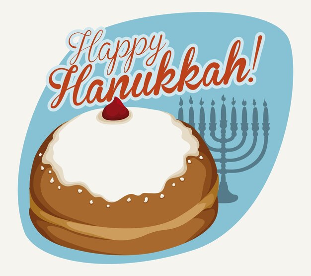 Deliciosa sufgania glaseada con fondo de Janukiah y feliz mensaje de Hanukkah