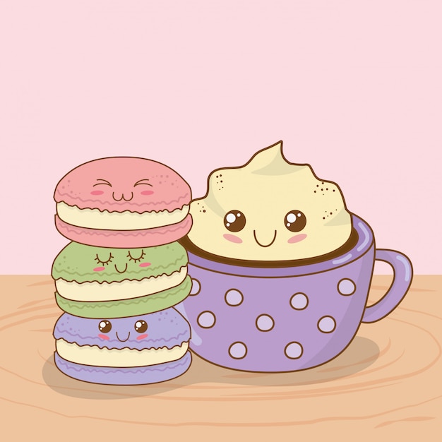 Deliciosa taza de chocolate y dulces alimentos kawaii personajes