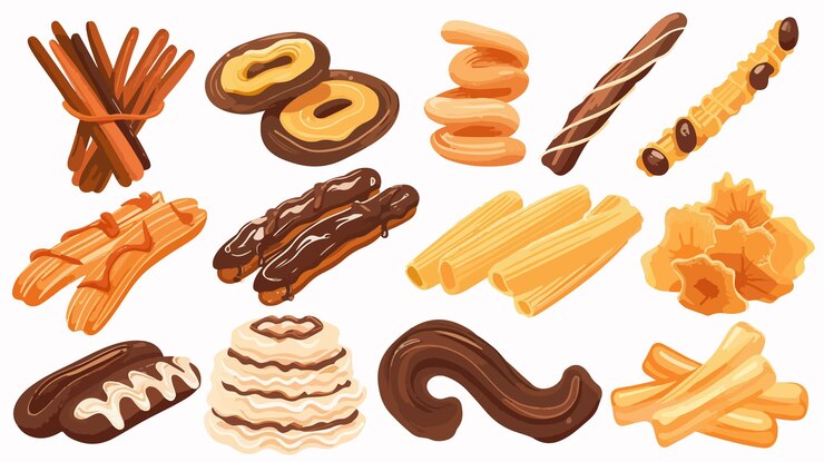Vector deliciosa variedad de churros tradicionales españoles para conceptos culinarios