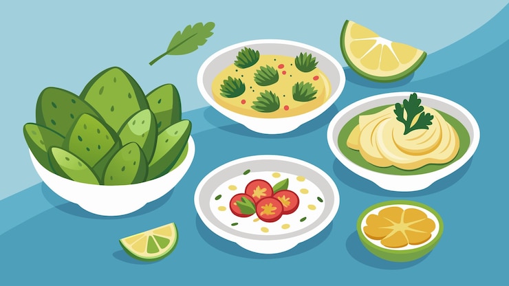 Vector una deliciosa variedad de pequeños platos mediterráneos que destacan las carracocas marinadas picantes y cremosas.