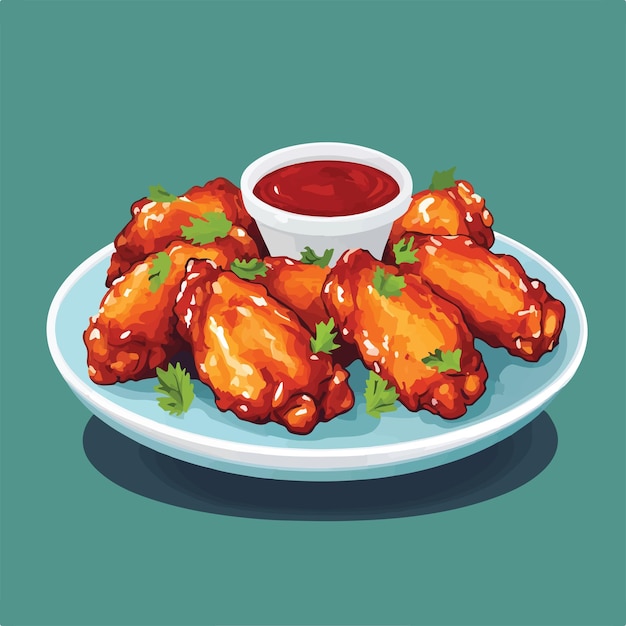 Deliciosas alas de pollo de dibujos animados con salsa Icono vectorial de vector plano