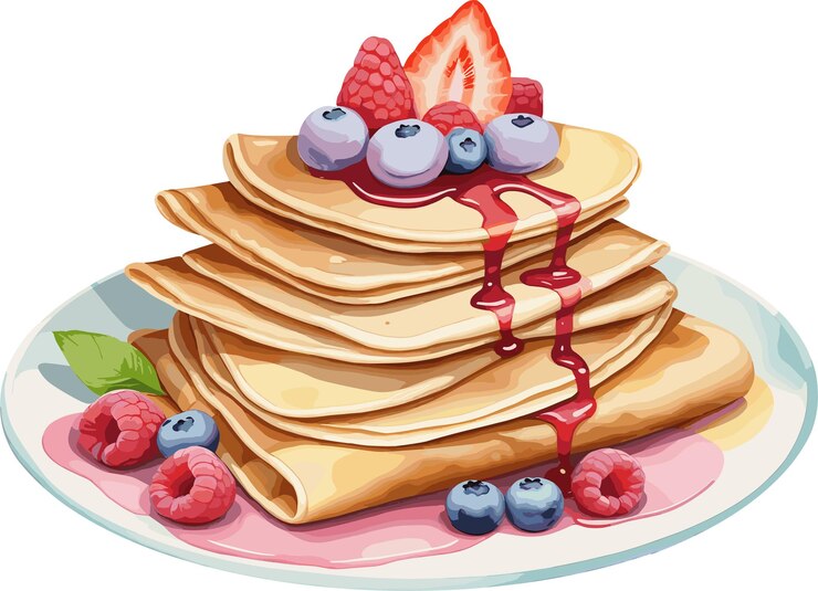 Vector deliciosas crepes con frutas de bayas acuarela elemento de ilustración desayuno saludable e idea de comida