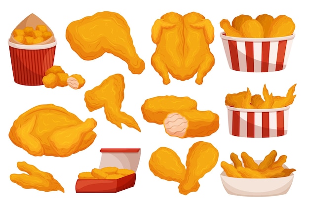 Vector deliciosas y crujientes patas de pollo frito, alas, nuggets o baquetas, opción popular de comida rápida para una comida satisfactoria y conveniente empaquetada en cajas de papel para comer sobre la marcha, ilustración vectorial de dibujos animados