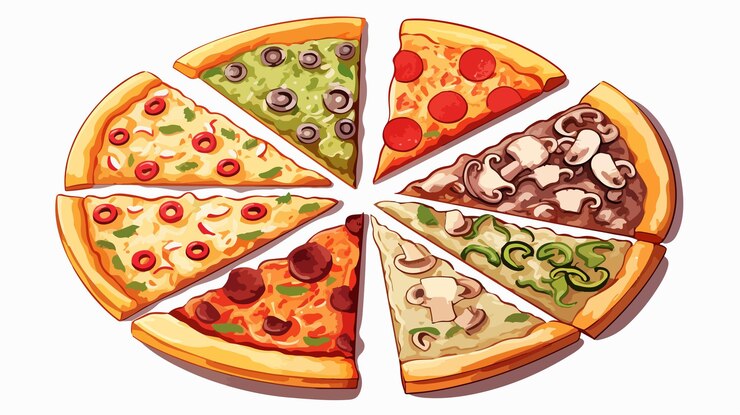 Vector deliciosas rebanadas de pizza con una variedad de ingredientes frescos