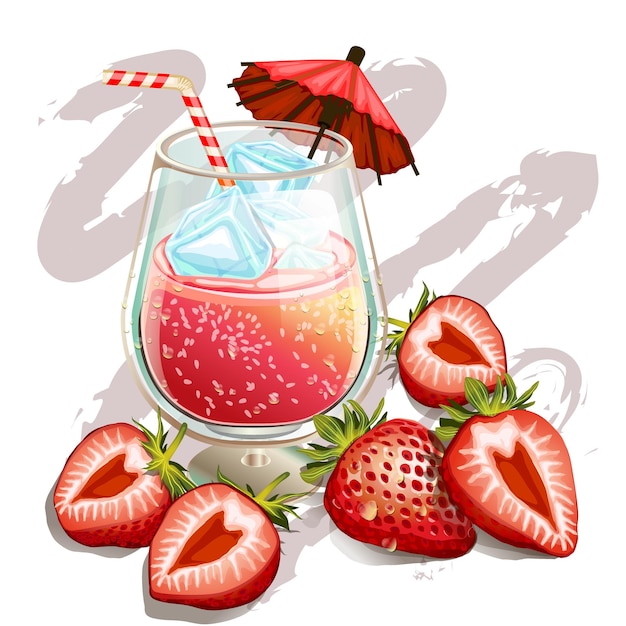 Deliciosas y saludables frutas frescas de jugo de fresa con vista superior de paraguas