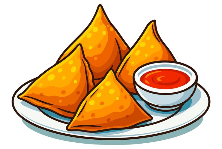 Vector deliciosas samosas con salsa de inmersión en un plato