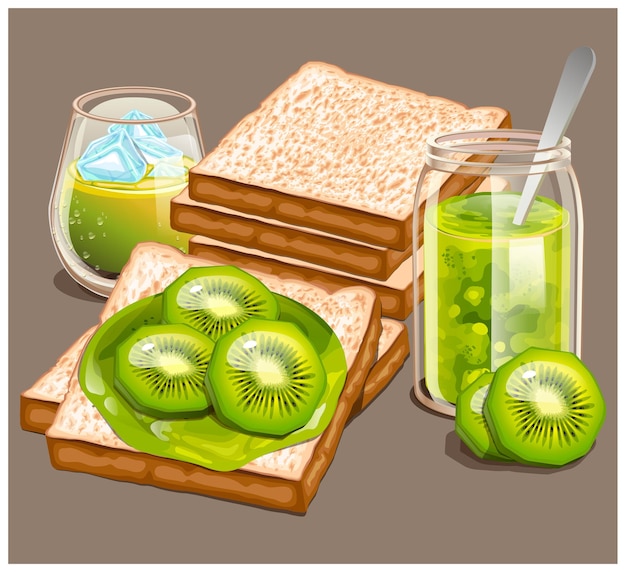 Vector deliciosas tostadas con mermelada dulce y jugo de kiwi servido para el desayuno.