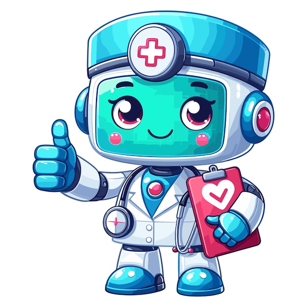 Vector un delicioso y adorable médico robot de dibujos animados dando un pulgar