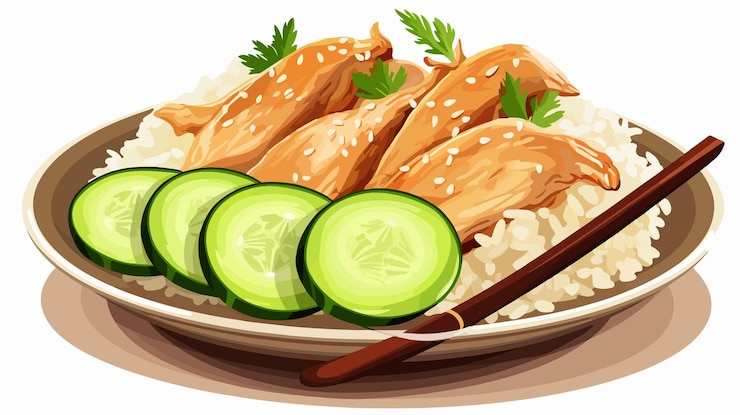 Vector delicioso arroz de pollo con pepino fresco y cuchara en el plato