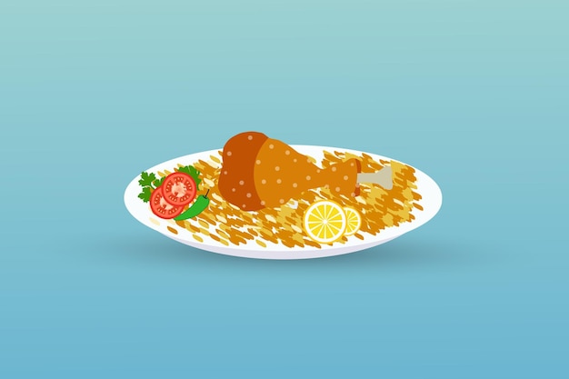 Vector delicioso biryani de pollo en un tazón con limón y pimienta ilustración vectorial.