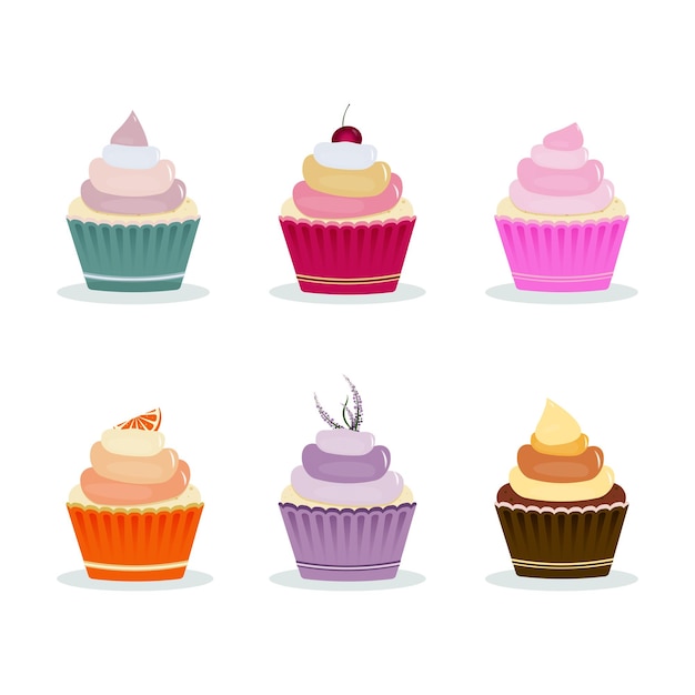 Delicioso bizcocho. Diseño de ilustración de vector de postre. Conjunto de cupcakes con decoración diferente.